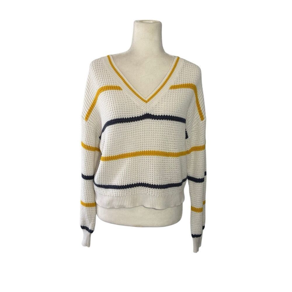 Nordstrom BP. white cotton v-neck sweater with blue and yellow stripes - S